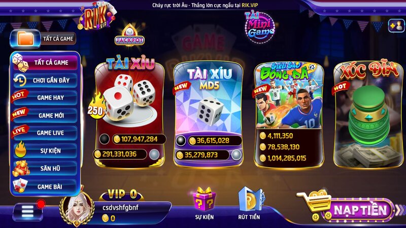 Giao diện chính của nền tảng game trực tuyến RIKVIP