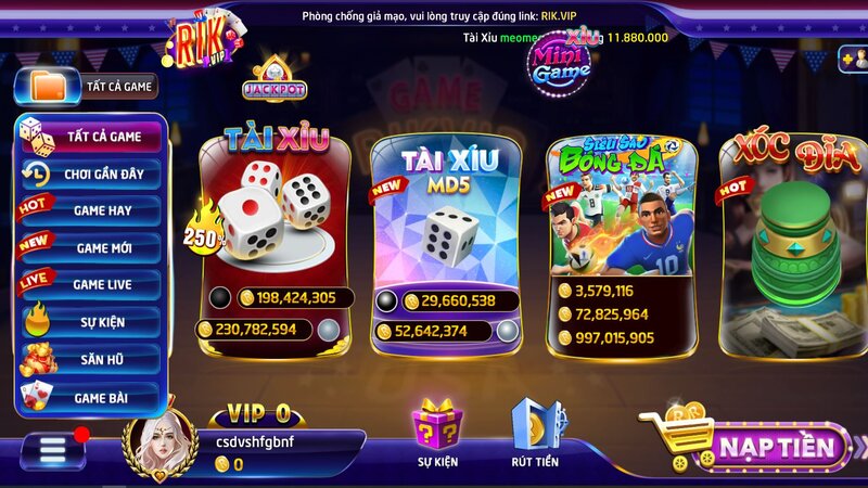 Giao diện chính của cổng game RIKVIP