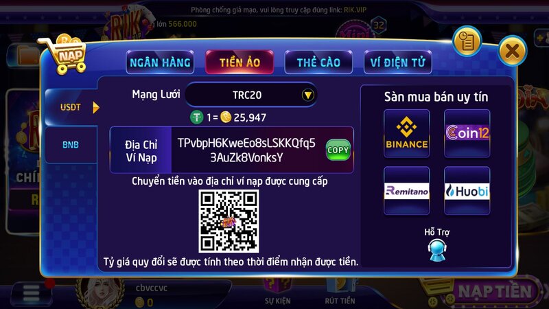 Hướng dẫn nạp tiền ảo RIKVIP từng bước