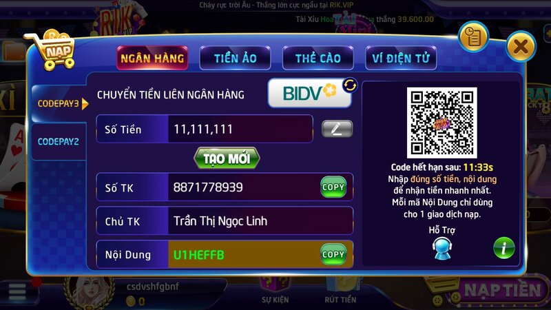 Hướng dẫn nạp tiền vào RIKVIP bằng BIDV từng bước