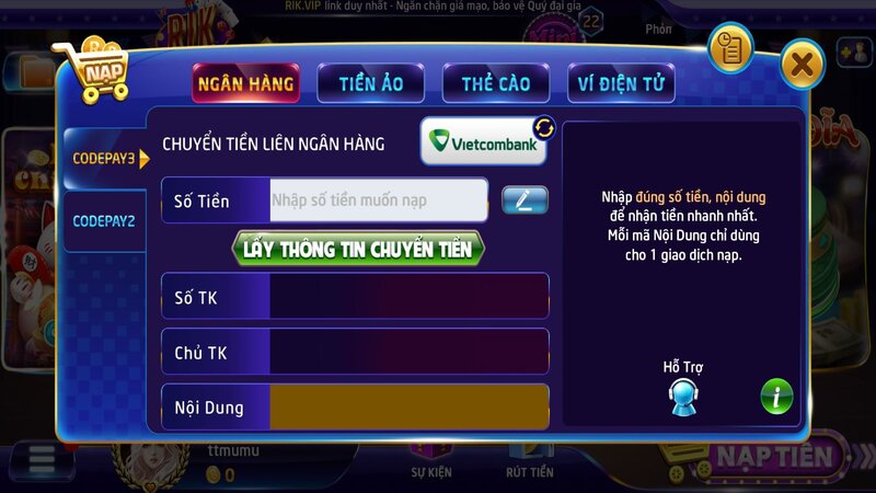 Hướng dẫn nạp tiền vào RIKVIP bằng Vietcombank