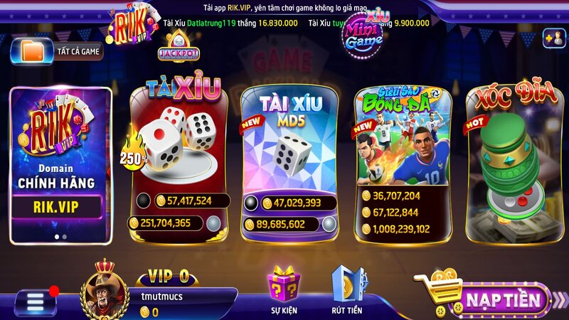 Giao diện chính của cổng game RIKVIP
